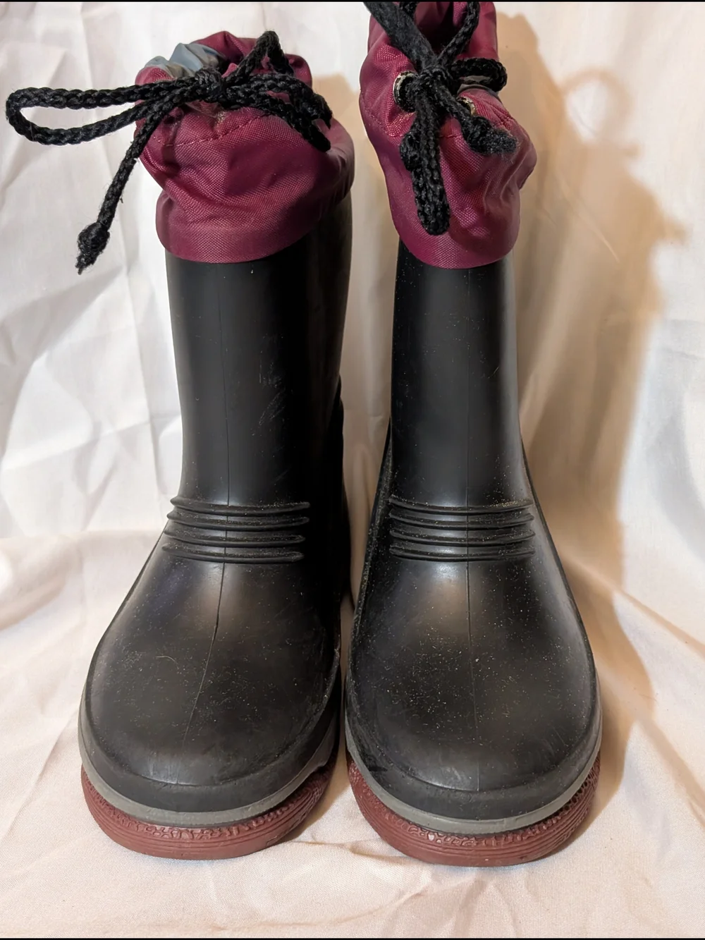 L.L.Bean Black Rubber Rain Boots with Burgundy Cuff